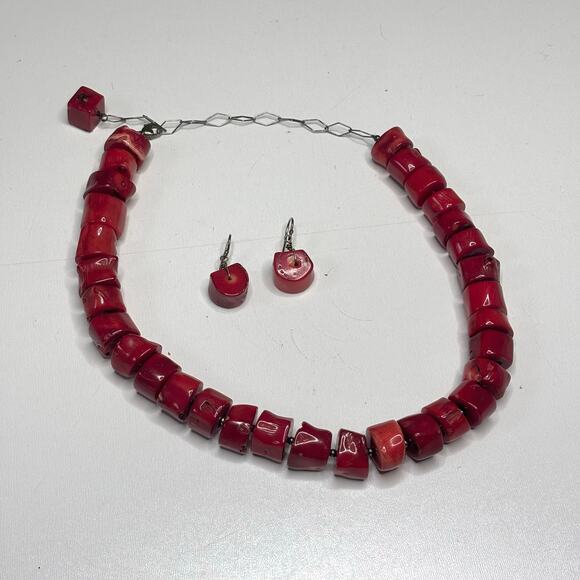 Vintage Chunky Red Coral Necklace, Earring Set - Picture 8 of 10
